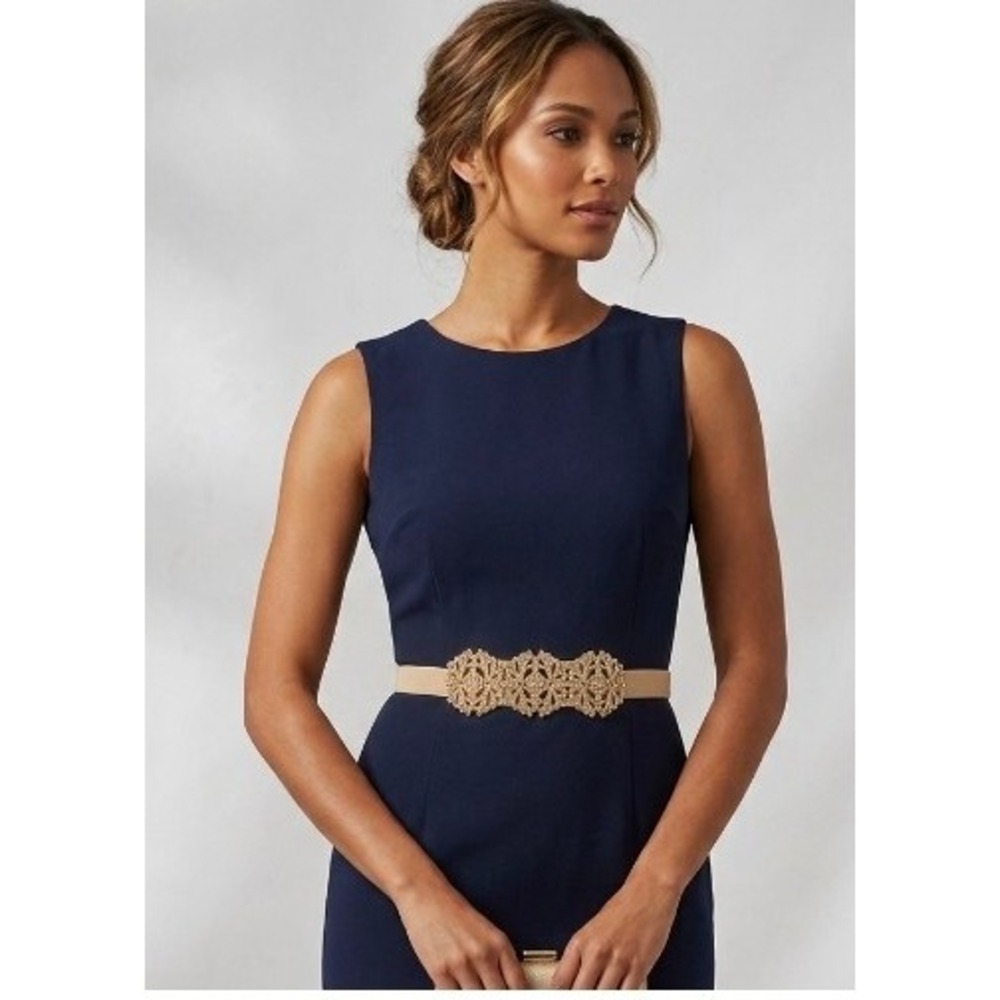 Womens Gold Rhinestone Filigree Elastic Cinch Waist Belt Tan S/M
